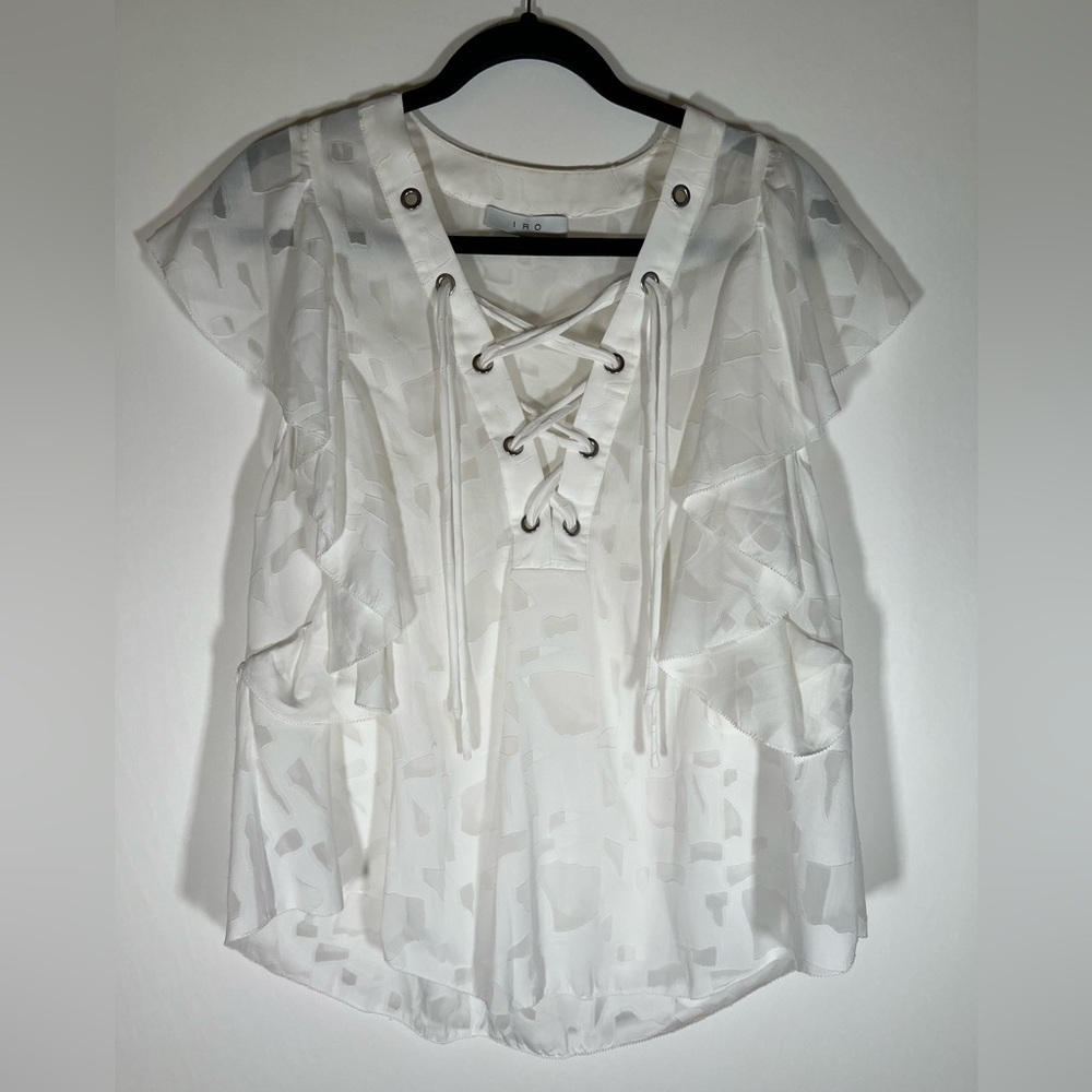 IRO Gilka blouse ecru lace-up flowy semi-sheer designer sz 38(US 6) geometric